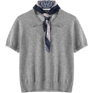 LAGOGO含羊毛短袖针织衫女拉谷谷2025秋冬季款灰色气质POLO领上衣