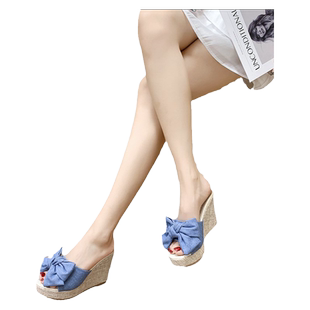 超高跟坡跟大码凉拖鞋女夏季新款厚底增高防水台一字拖鞋大码女鞋