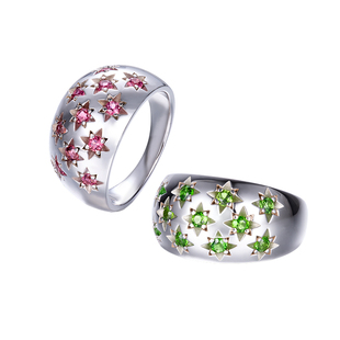 S925纯银镶嵌天然透辉石时尚星星戒指粉色石榴石女戒泥鳅背中指戒