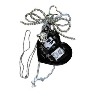 原创ins大爱心一寸照片相片夹包挂饰蝴蝶结蕾丝挂件项链miu风韩国