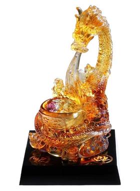 威弗列德客厅办公室玄关水晶装饰品开业礼琉璃龙形流水聚宝盆摆件