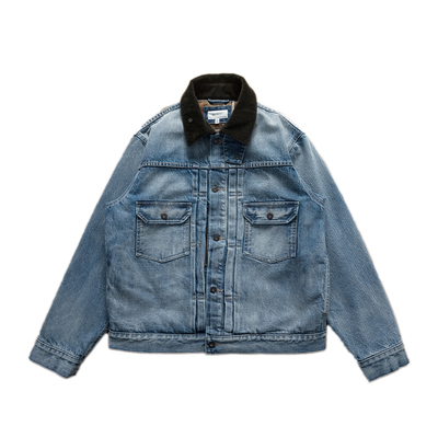 NOFAITH春季13.5oz石磨酵素洗做旧纯棉拼接灯芯绒翻领牛仔外套男