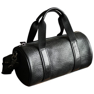 原创复古手工野牛皮圆筒包真皮波士顿包男士单肩斜挎包手机小包女