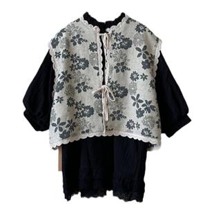 鲍小鱼女童韩系复古森系棉麻蕾丝花边提花印花马甲娃娃衫阔腿裤潮