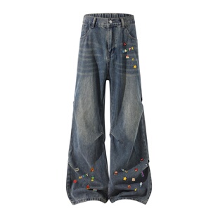 查尔斯桃心美式复古牛仔裤男春秋季褶皱拼接磨白重磅阔腿长裤子