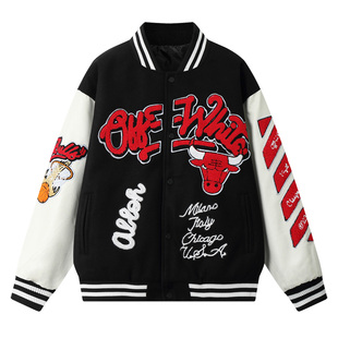 美式高街潮牌棒球服飞行员夹克公牛队刺绣青少年新款休闲外套男潮