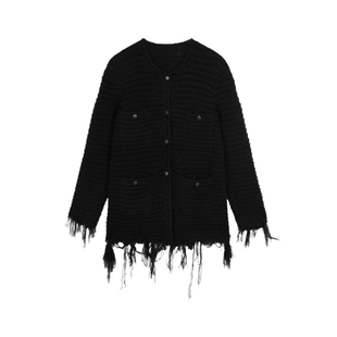 JNBY/江南布衣秋季小香风针织外套下摆毛边编织单排扣开襟毛衫女