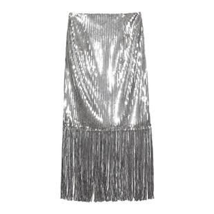 Boamarket 银色亮片流苏半身裙女秋冬季高腰修身百搭小众仙仙裙子