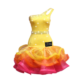 新款拉丁舞比赛服成人女儿童演出服表演服黄色斜肩鱼骨裙渐近色