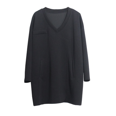 2025秋季新款中长款卫衣女高端慵懒风V领遮屁股黑色宽松上衣外套