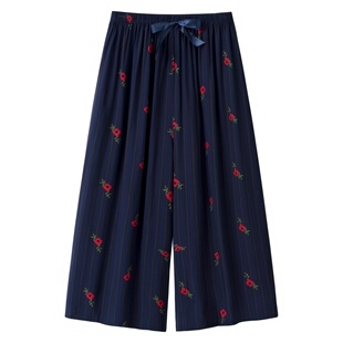 胖mm宽松大码人造棉绸睡裤女夏薄款九分阔腿裙裤子外穿遛弯家居裤