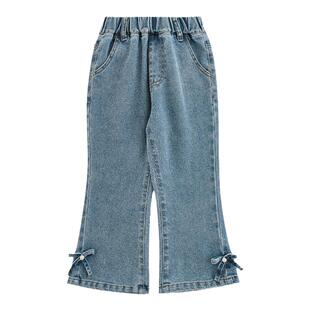 幼悠女童蝴蝶结牛仔喇叭裤春秋元气可爱亲肤柔软珍珠蝴蝶休闲裤子