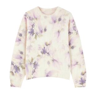MISSCOCOON可可尼圆领印花毛衣女2025冬季新款紫色花朵长袖针织衫