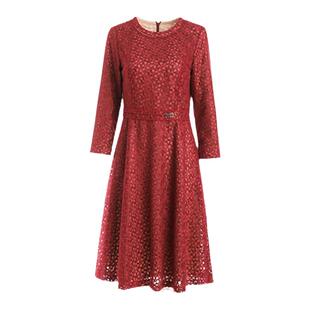 声雨竹官方专柜秋冬新款连衣裙七分袖圆领套头红色新年衣服裙子女