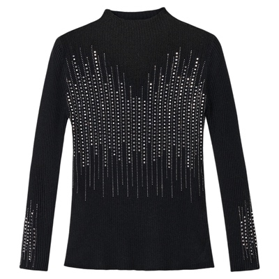 AZZHEN【柔雾栖身】设计感半高领网纱拼接针织打底衫修身烫钻上衣