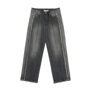 Deinet韩国设计师品牌正品25新款复古宽松阔腿磨毛拼接牛仔裤子女
