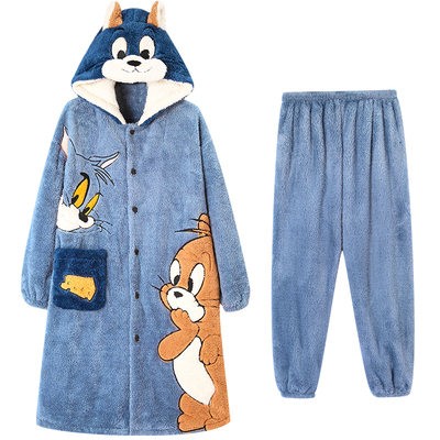 睡衣男秋冬季珊瑚绒加厚加绒长款