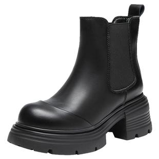 大东厚底烟筒靴女款2025新款冬季黑色粗跟加绒短靴小个子增高靴子