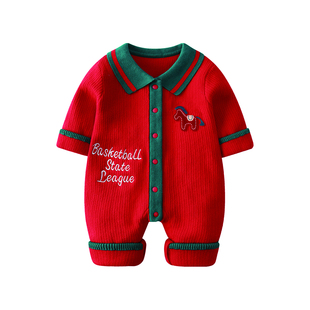 婴儿拜冬年服秋冬男宝宝连体衣加绒毛衣马年红色喜庆新年过年衣服