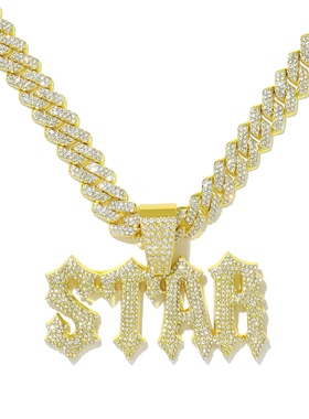 勾芡镶钻拼接毛刺字母吊坠锁骨链rap古巴链潮嘻哈个性Hiphop项链