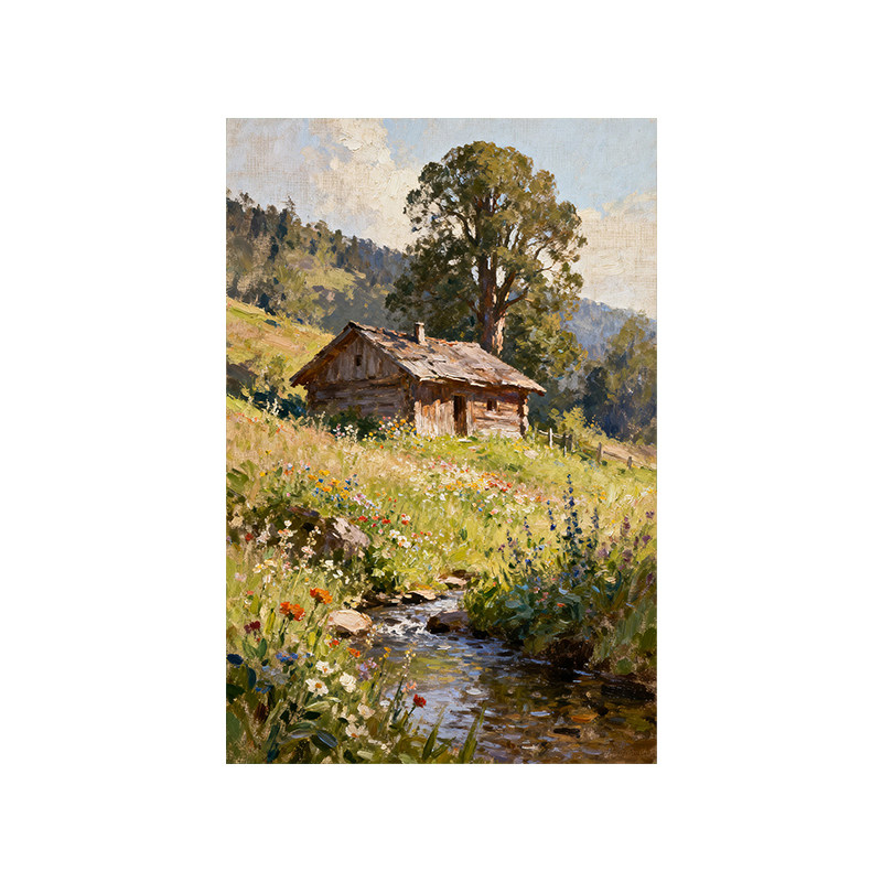 可班手绘油画溪边小屋玄关装饰画
