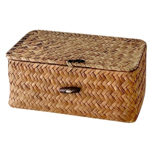 ins风日式桌面收纳盒手工编织茶几零食杂物收纳筐草编带盖收纳篮