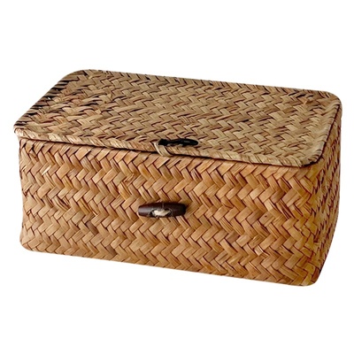 日式草编桌面收纳盒带盖收纳筐