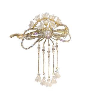 轻奢珍珠铃兰花流苏发夹女青蛙扣一字夹后脑勺盘发扭扭夹发卡头饰