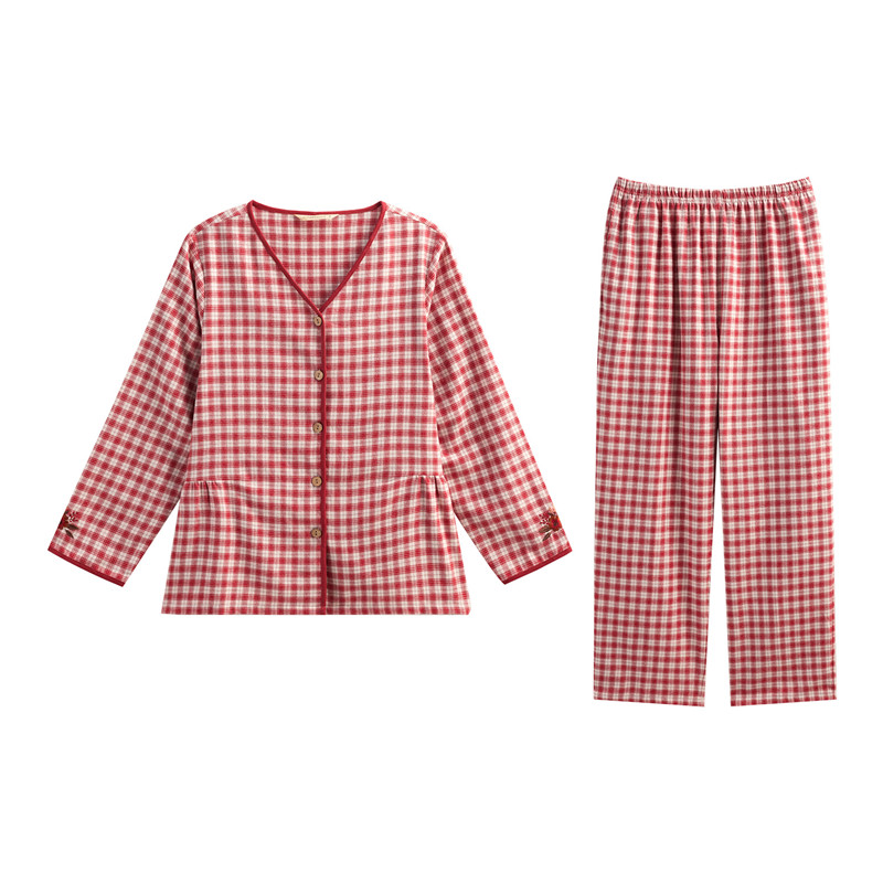 秋鹿睡衣女纯棉梭织色格子202睡衣/家居服套装