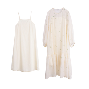 【胖莹莹大码女装】刺绣温柔仙女秋季吊带鱼尾连衣裙遮肉显瘦套装