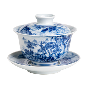 景德镇手工陶瓷手绘山水飞瀑盖碗青花瓷器泡茶碗高端功夫茶具单品