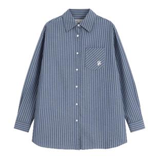 Bobbybecky复古文艺百搭蓝条纹系扣掐腰衬衣