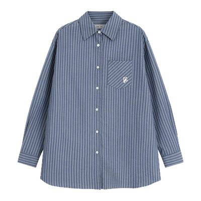 Bobbybecky复古文艺百搭蓝条纹系扣掐腰衬衣