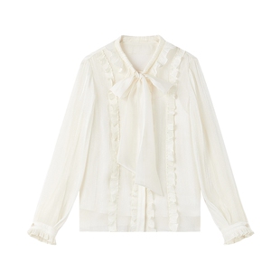 MISSCOCOON可可尼白色衬衫女2025秋季新款宫廷风蝴蝶结系带上衣