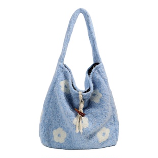 毛呢慵懒风复古托特包女韩系单肩软糯水桶包毛绒学院风单肩大包包