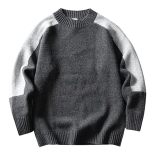 马切达秋冬男士撞色圆领潮流毛衣复古百搭毛线衣内搭宽松针织衫潮