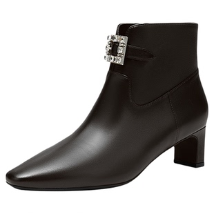 natursun方头时装靴舒适冬冬季羊皮粗跟瘦瘦靴短靴气质显瘦春季