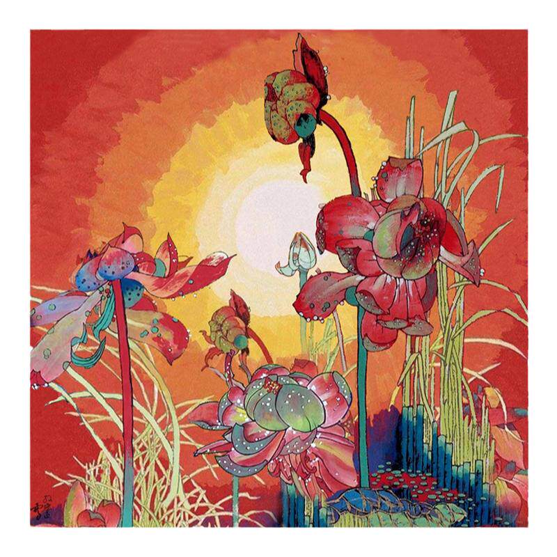朵莲精舍手绘油画彩墨画荷花斗方