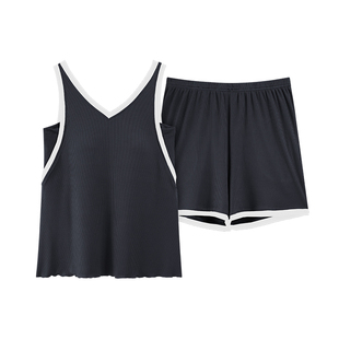 带胸垫一体螺纹冰丝无袖睡衣女夏季背心短裤套装夏天可外穿家居服