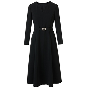 LANCY/朗姿2024新款V领收腰法式气质长袖高级感优雅黑色连衣裙女