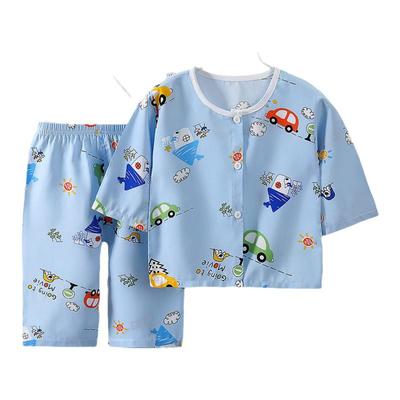 宝宝绵绸家居服中袖上衣睡衣空调衫夏儿童棉绸睡衣套装宝宝男童女