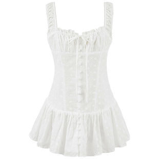 【包邮】法式重工花朵刺绣白色方领吊带连衣裙女收腰显瘦度假短裙