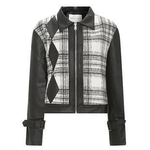 Petit Bari设计感小香风短款皮外套女菱形格帅气显瘦百搭夹克上衣