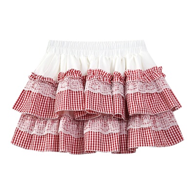 粉色格子甜妹蓬蓬蛋糕裙女春夏