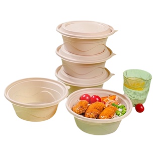 云蕾一次性餐盒可降解玉米基便当野餐打包带盖圆碗800ML*10套饭盒