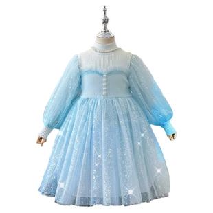 女童毛衣裙秋冬款小女孩洋气爱莎礼服蓬蓬纱裙儿童加绒艾莎公主裙