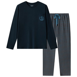 SCHIESSER舒雅男士纯棉校园英伦风圆领宽松大码睡衣家居服套装