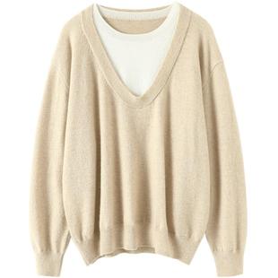 水准一向很牛！拼色假两件羊绒衫女圆领纯山羊绒毛衣宽松慵懒风冬