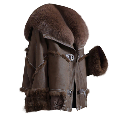 獭兔毛真皮毛一体外套女2024冬新款韩版宽松狐狸毛领皮草鹅绒大衣