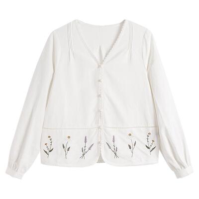 弥古法式白色苎麻衬衫v领上衣女春季宽松正肩长袖刺绣灯笼袖衬衣